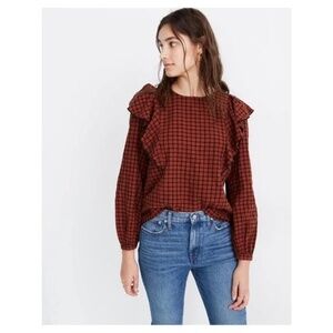 Madewell Burnt Orange Ruffle Plaid Top